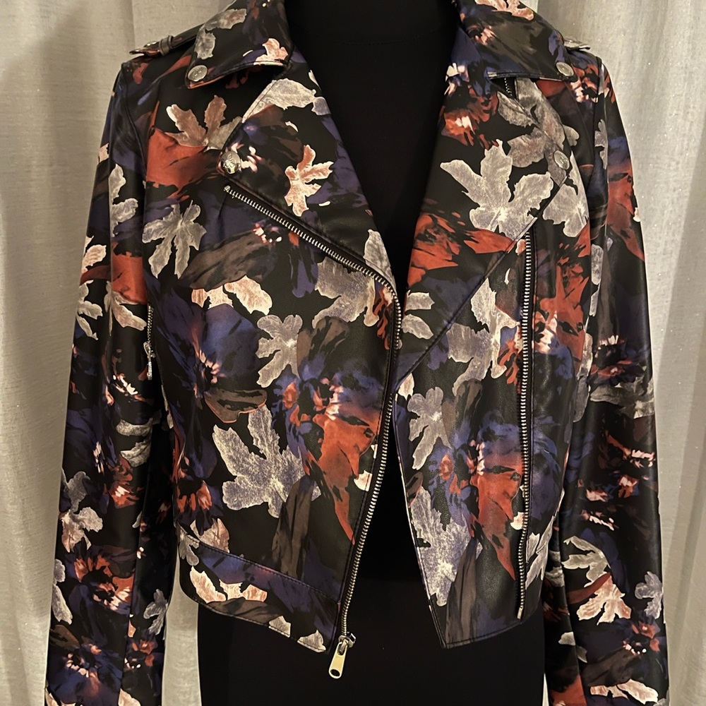 Floral faux leather bomber jacket